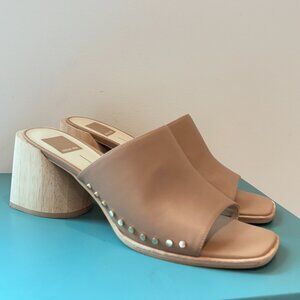Dolce Vita Women Leather Studded Open Toe Slide Block Heel Beige Sandals Sz 9.5